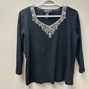 Nine West Black Long Sleeve Top With White Embroidery